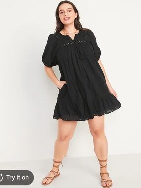 Old Navy Puff-Sleeve Tie-Neck Eyelet Mini Swing Dress Size XS